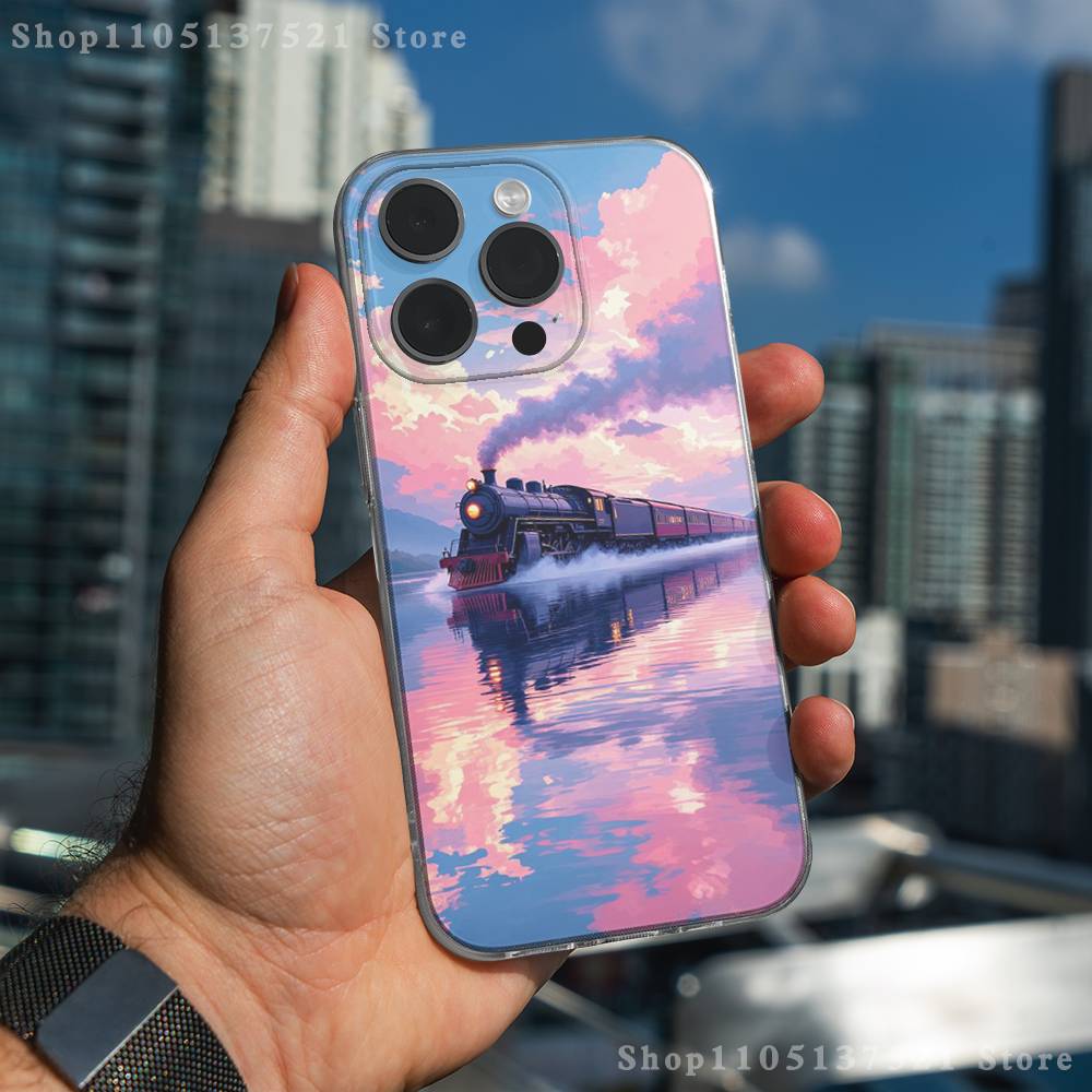 Coque de téléphone Train Fleur de Cerisier Art pour iPhone 17,16,15,14,13,12,11 Pro,Max,Plus,XR,Mini,E Transparente Couverture Complète Souple