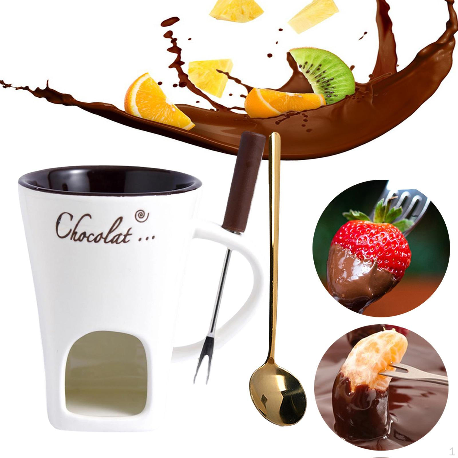 

Ceramic Fondue Mug with Heat, Cheese Fork And Spoon for Melting Candy, Butter, Caramel - белый