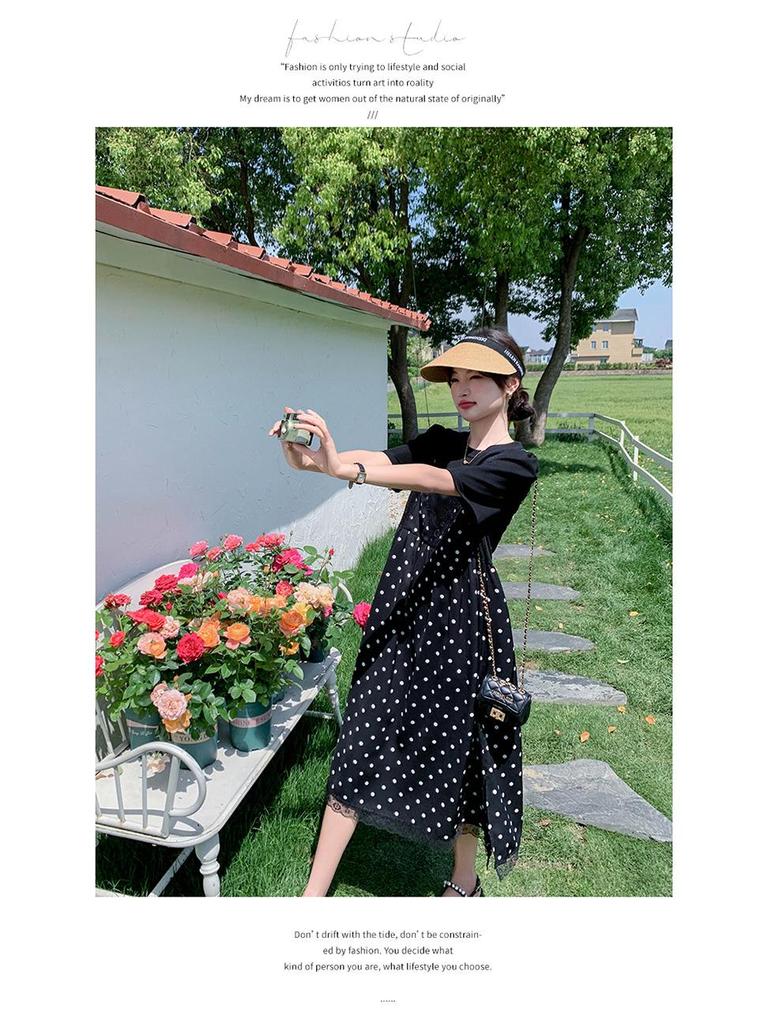 Abito a due pezzi con pois neri e patchwork, estate 2024 - Stile coreano, Vestibilità ampia e slim, Dolce gonna lunga per donna