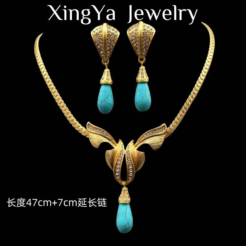 Medieval Vintage Western Full Set Heavy Duty Water Drop Turquoise Bow Collar Earnail