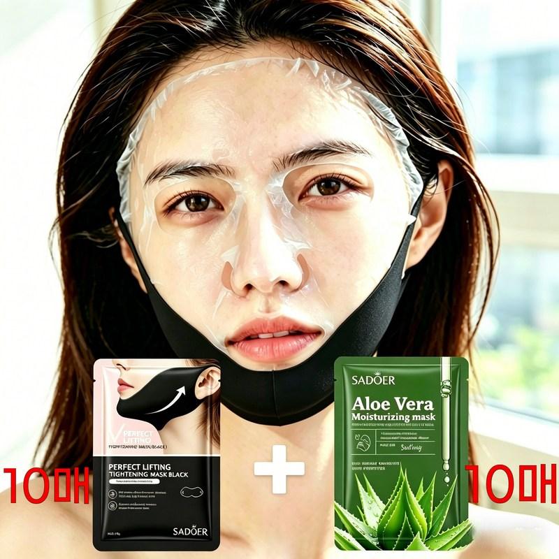 ADOER 10 Pcs Collagen V Face Lifting Mask + 10 Pcs Aloe Moisture Mask 2-Mask Combination Set, 1 Set