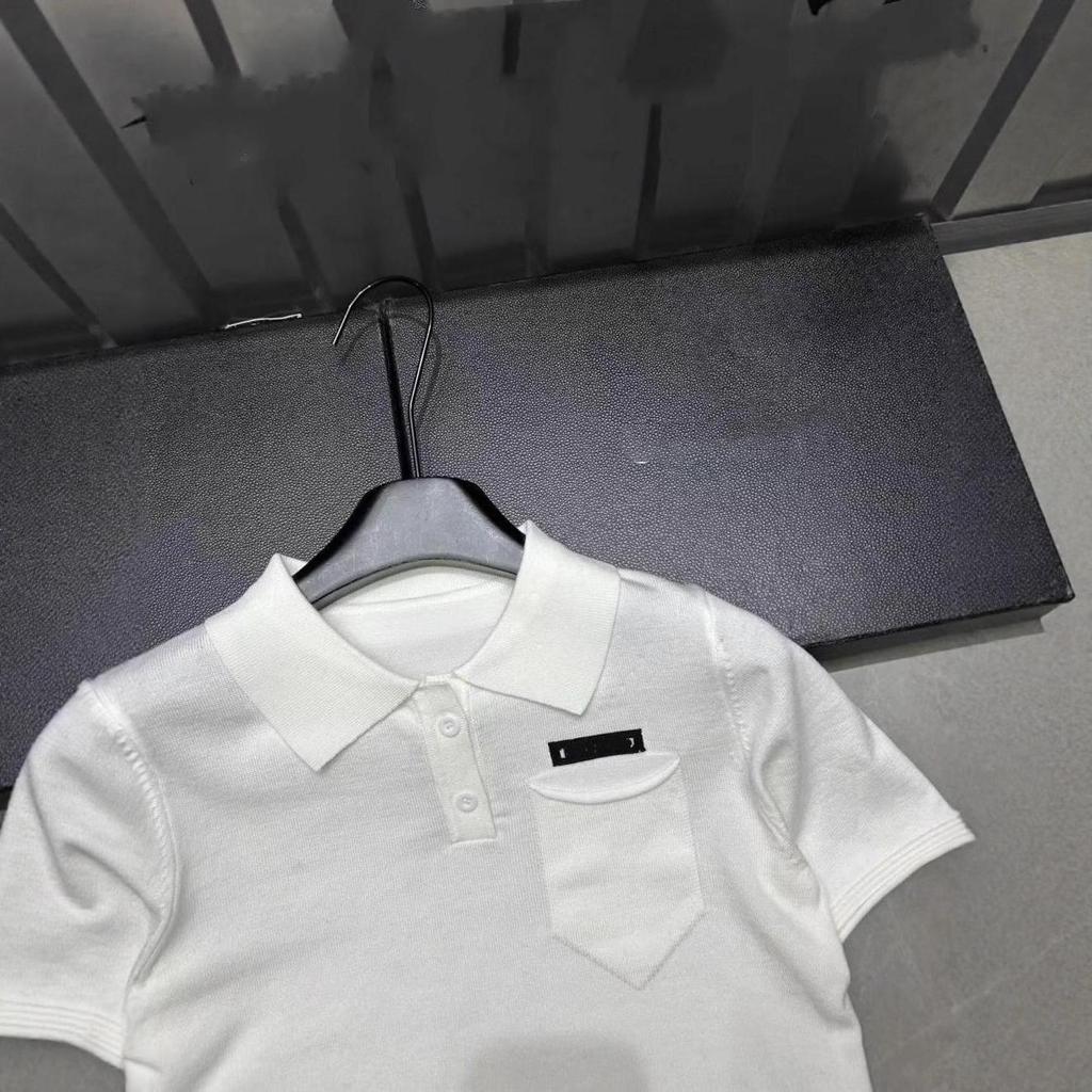 European Style 2026 Early Spring Letter Pocket Knit Lapel Short Sleeve Versatile Casual Top