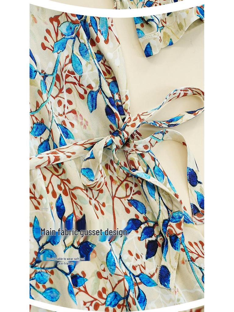 Guolian Floral V-Neck Slimming Long Dress - Mulberry Silk