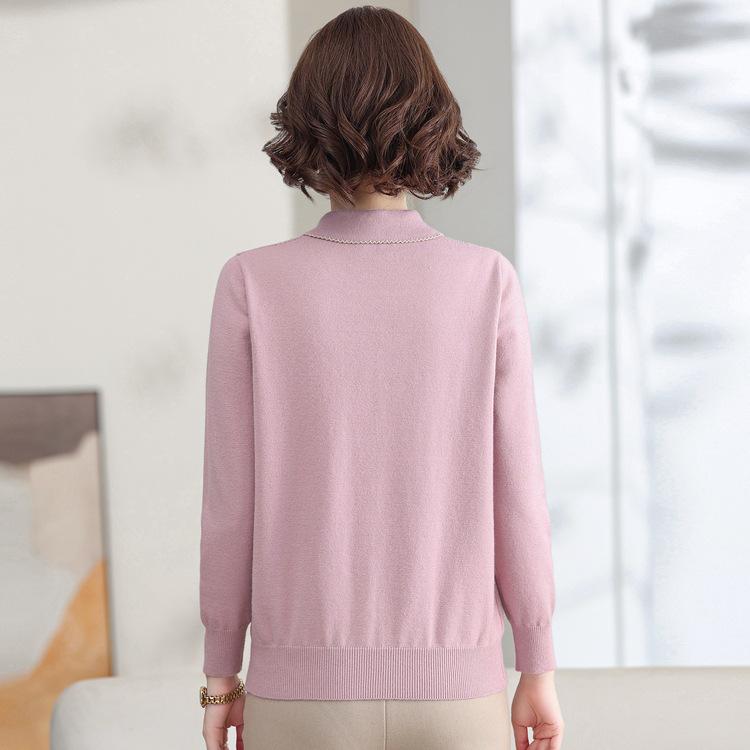 Mom's Autumn Clothes New Chinese Lapel Knitted Shirt Fashionable Middle-aged and Elderly Women's Spring and Autumn Long-sleeved Sweater Base Shirt Top