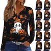 Women's Casual Halloween Print V-Neck Long Sleeve T-Shirt with Decorative Buttons