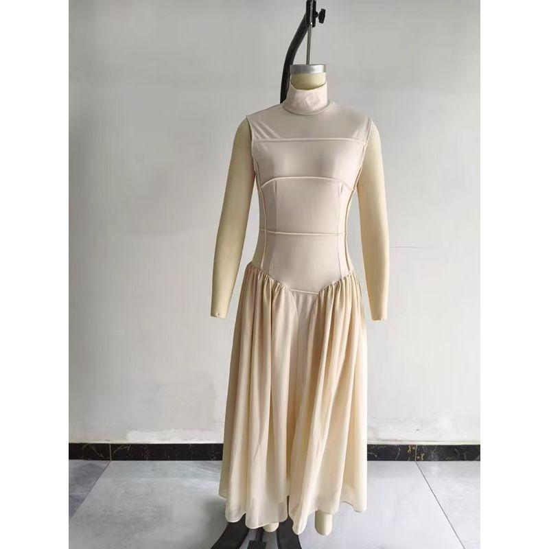 

Fashion Half Turtleneck Sleeveless Ruched Patchwork Dress Half High Collar Patchwork Dress Apricot M