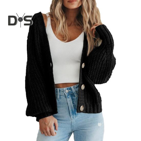 

Женский кардиган массивной вязки, осень-зима, свитер с открытой передней частью и застежкой на пуговицы, однобортный однотонный свободный короткий верх, пальто S чёрный