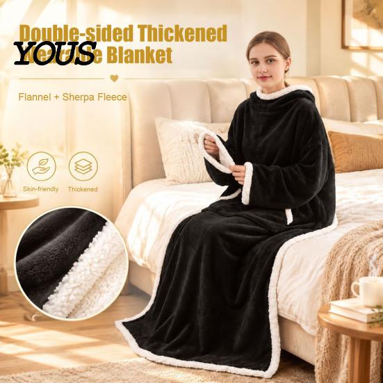 Fleece gefütterte Decke für Nickerchen Flanell Tragbar mit Ärmeln, Erwachsene Winter Kängurutasche, Weicher Gemütlicher Plüsch Überwurf Kalte Tage Drinnen Entspannen Fernsehen Schauen