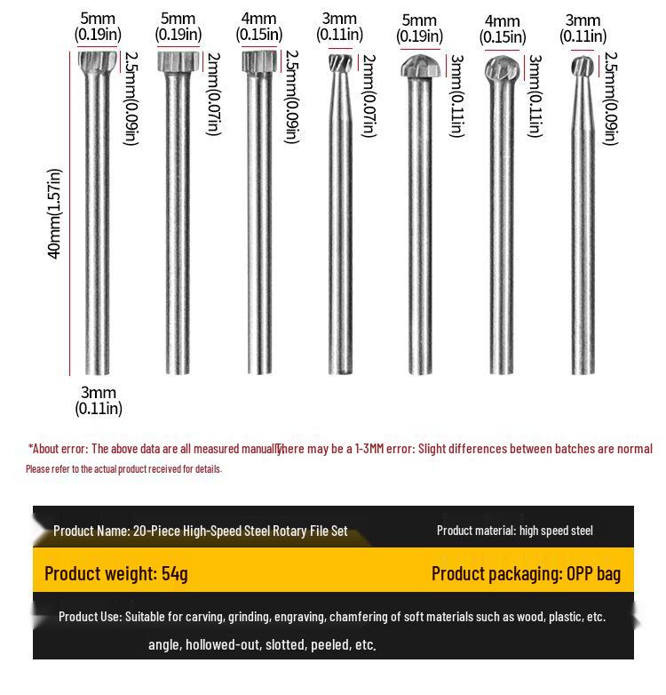 20-teiliges Hochgeschwindigkeitsstahl- und Legierungs-Rotationsschleif- und Fräserset
