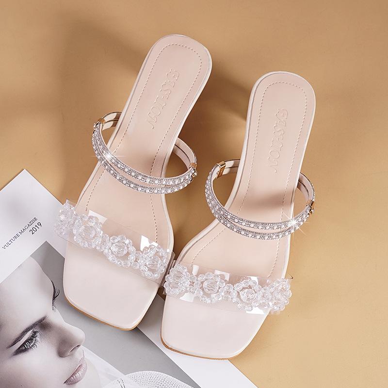 New Dadong Sandals Women's Summer Thick Heel Crystal Heel Two Wear Rhinestones Outside Fairy High Heel Cool Slippers