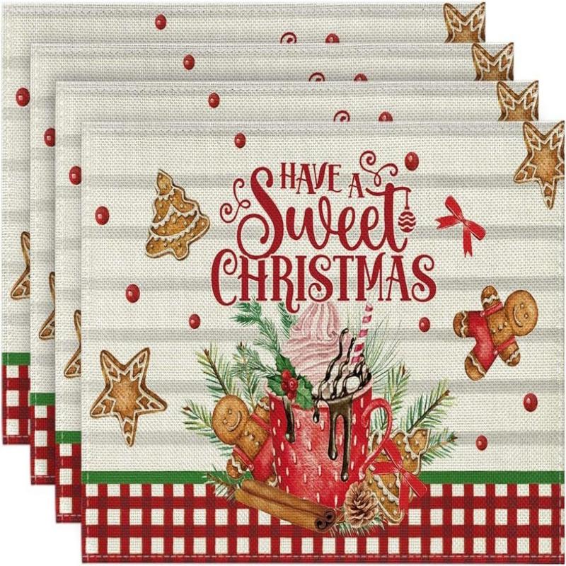 4Pcs Placemats & Coasters Set Christmas Santa Robin Snowman Reindeer Dinner Mats