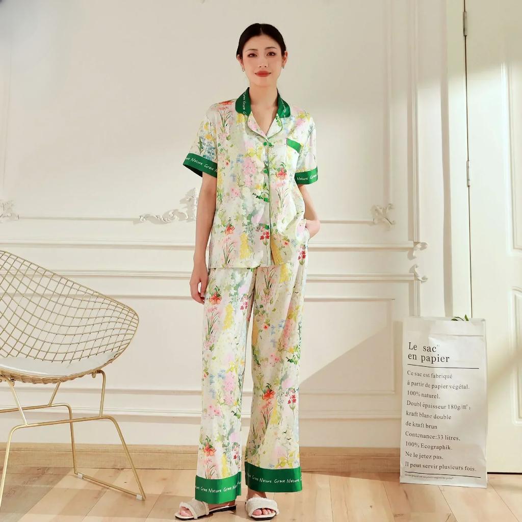 Neue französische Damen-Nachtwäsche Eis-Seide bedrucktes Mittelarm-Set mit hochwertigem Gefühl, Ins-Stil Revers Hausanzug Set Pyjama