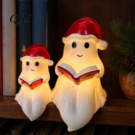 Indoor Tabletop Christmas Decor Cute Ghost Reading Book Lamp, Resin Figurine with Santa Hat, Desktop Ornament for Warm Lighted Halloween Night