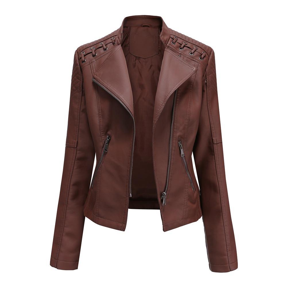 VAYLA Women Fashion Lace-up Leather Jacket Slim Fit Spring Autumn Motorcycle Jacket Zipper Jacket