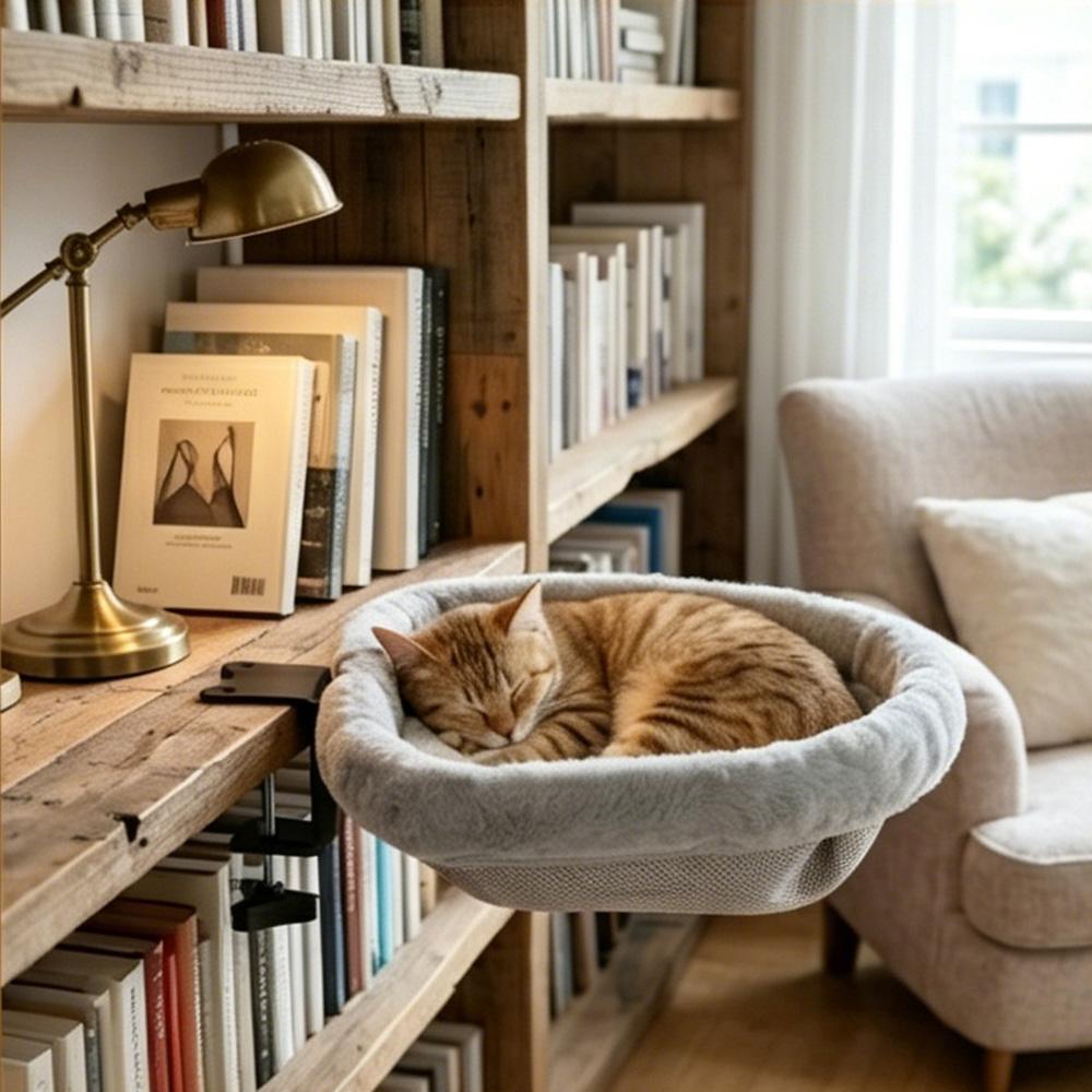 Soft Plush Desk-Mounted Cat Hammock Bed Adjustable Clamp-On Kitten Sleeping Nest Cozy Cat Perch for Workstation & Gaming Desk