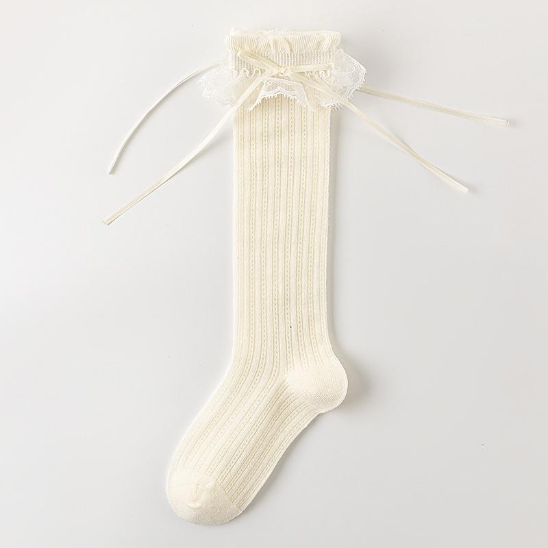 Children Sweet Bow Lace Socks Summer Thin Breathable Mesh Mid-calf Socks For Girls Fashion Ballet Style Solid Kids Calf Socks