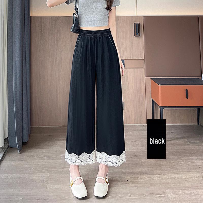 Women's Japanese High Waist Black Lace Trim Patchwork Cotton Wide Leg Cropped Pants - Spring/Summer Casual Loose Fit.
