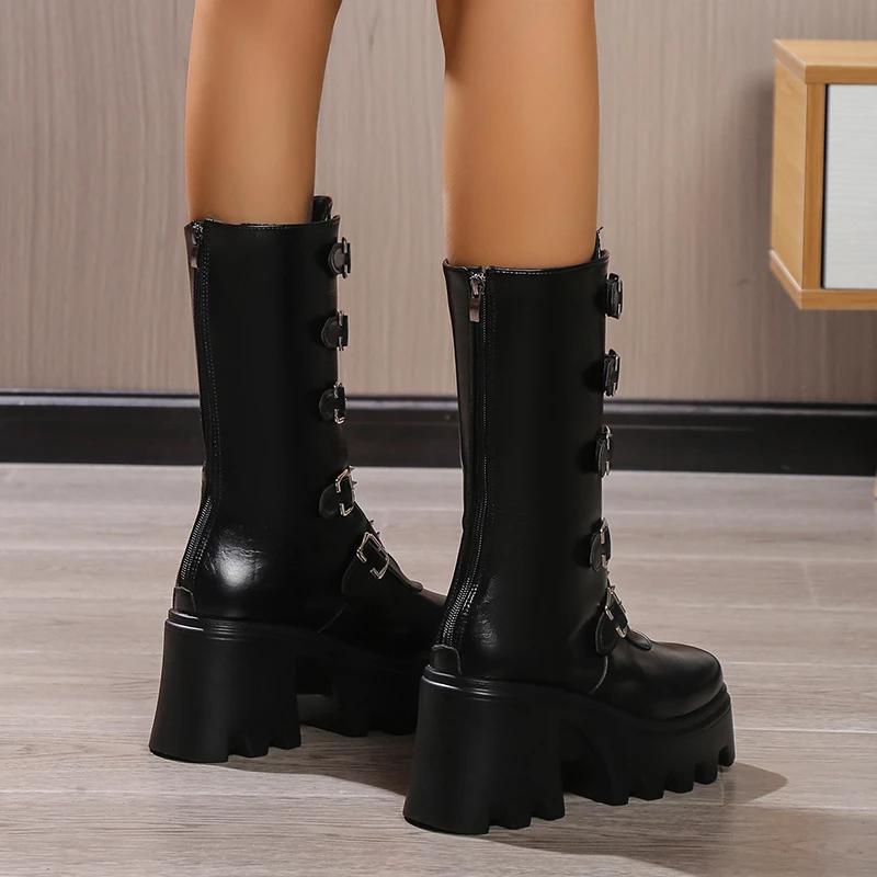 Women's Gothic Chunky Heel Mid Calf Boots Metal Buckle Strap Platform Punk Boots Woman Thick Bottom PU Leather Motorcycle Shoes