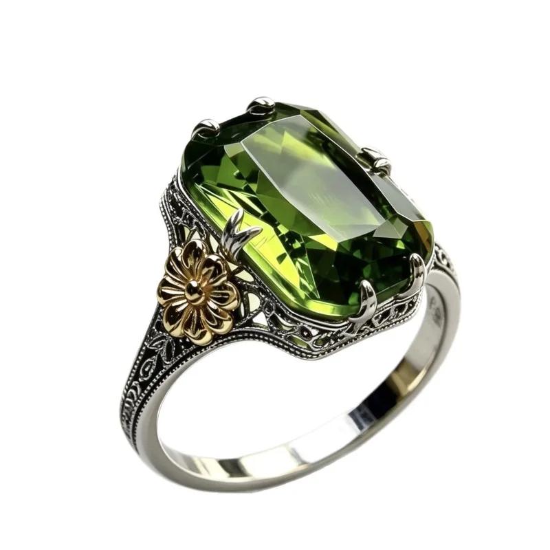 Vintage Olive Emerald Ring, Women's Exquisite Flower Carving, Wedding Party Jewelry