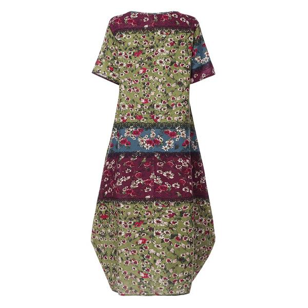 Vintage Women O Neck Short Sleeve Patchwork Cotton Dress Summer Floral Dress