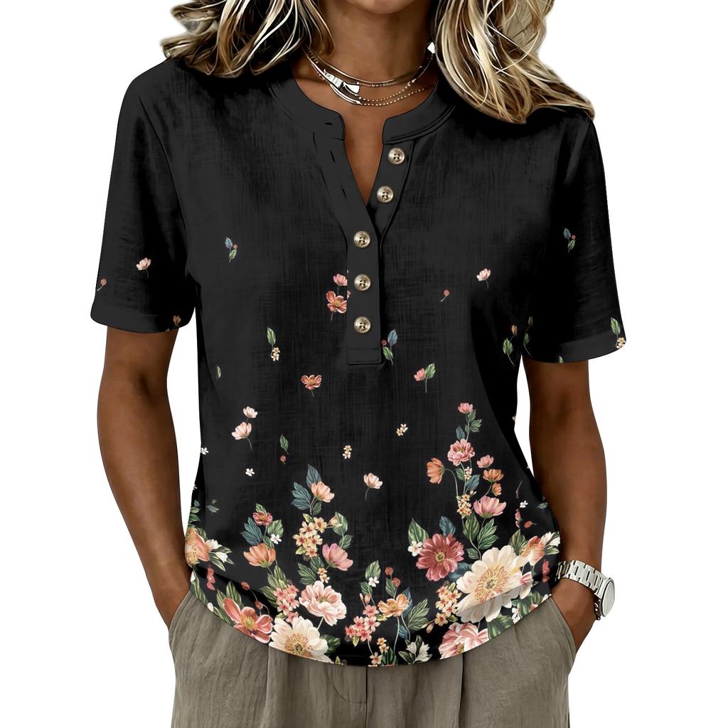 Women Short Sleeve Henley Neck Button Shirt Floral Print Linen Cotton Blend Casual Blouse Lightweight Summer Top