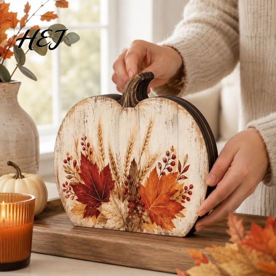 Holiday Window Sill Decor Thanksgiving Fall Pumpkin Table Decoration, Rustic Block Wooden Sign, Autumn Vintage Farmhouse Tabletop Centerpiece