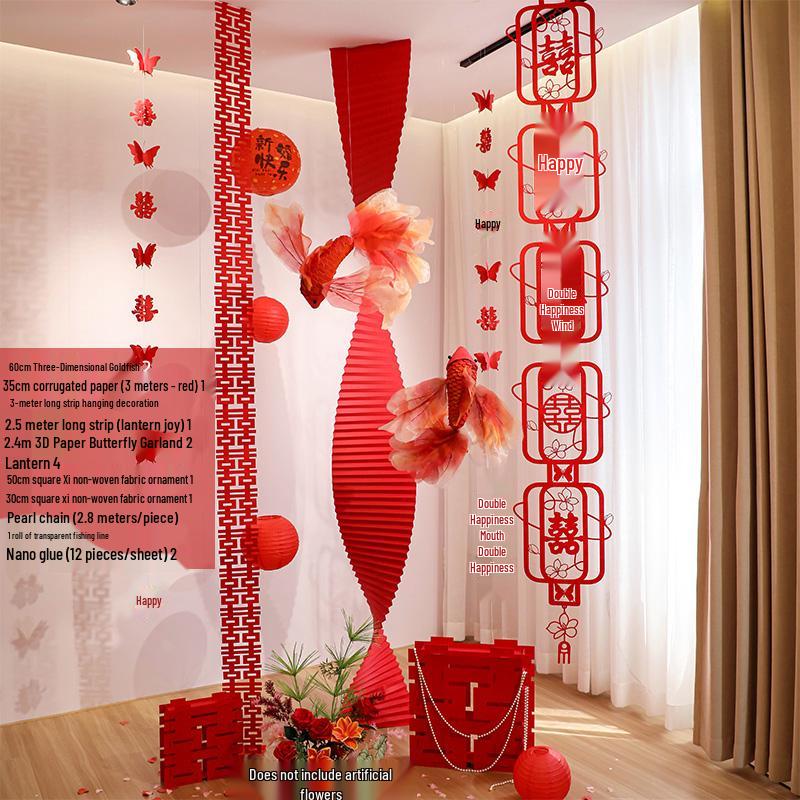 Double Happiness Wedding Room Decor Set: Non-Woven Fabric Papercut for Bride and Groom's Bedroom or Hotel.