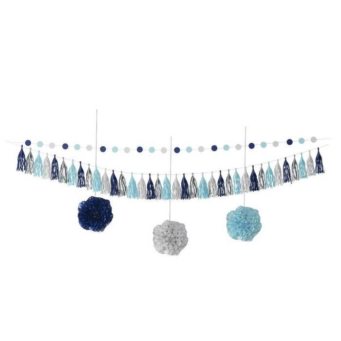 Starter pack décoration d'anniversaire - PTIT CLOWN - Lot de 5 - Bleu - Guirlandes et pompons - 2,5m/3m