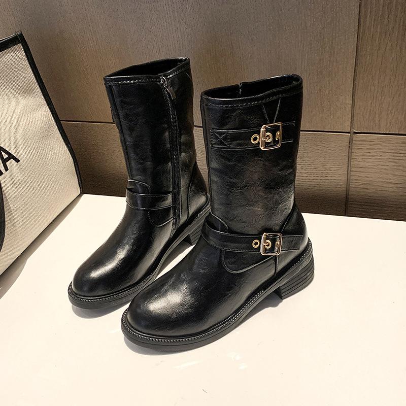 

Faux leather thick heel knight boots women s new round head belt buckle in autumn and winter 2025 fashion versatile medium boots 35