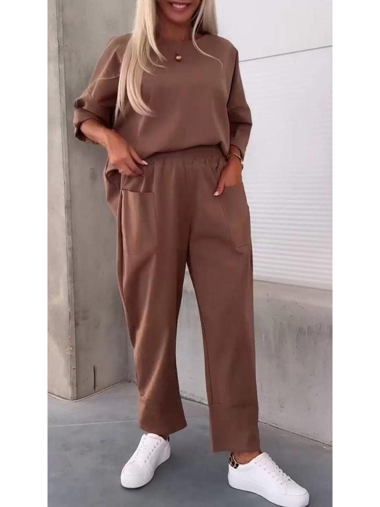 2025 European & American Women's Autumn Two-Piece Set: Casual Loose Solid Color Crew Neck Top & Nine-Point Pants