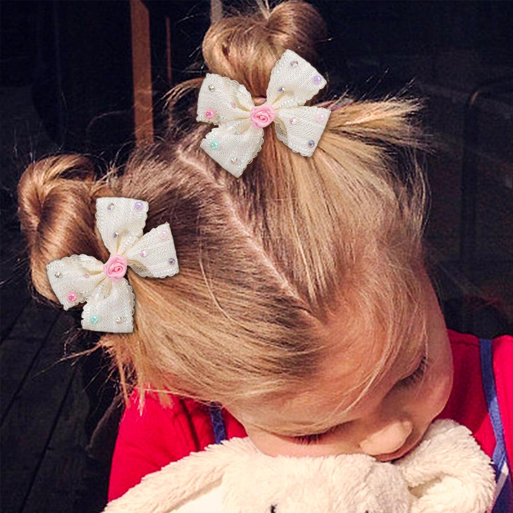 2Pcs Sweet Flower Bow Hair Clip Korean Solid Rose Rhinestone Barrettes Side Hairpins For Girls Children Headdress Accessories