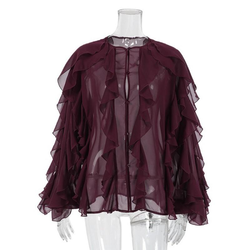 Womens Vintage French Style Ruffle Chiffon Blouse 2025 Elegant Wine Red Round Neck Top