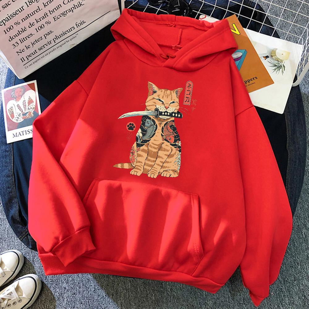 Japanese Cartoons Cat Ukiyo E Print Women Hoodie Hip Hop Fleece Pullovers Creativity Crewneck Clothing Fleece Loose Womens Hoody