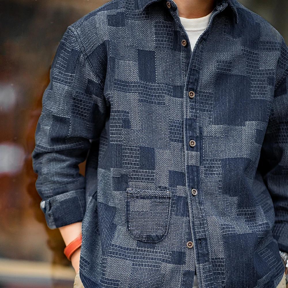 Giacca Camicia Piumino Denim Boro Patchwork Jacquard Manica Lunga Bottoni Retro Taglia Larga Capospalla Primavera