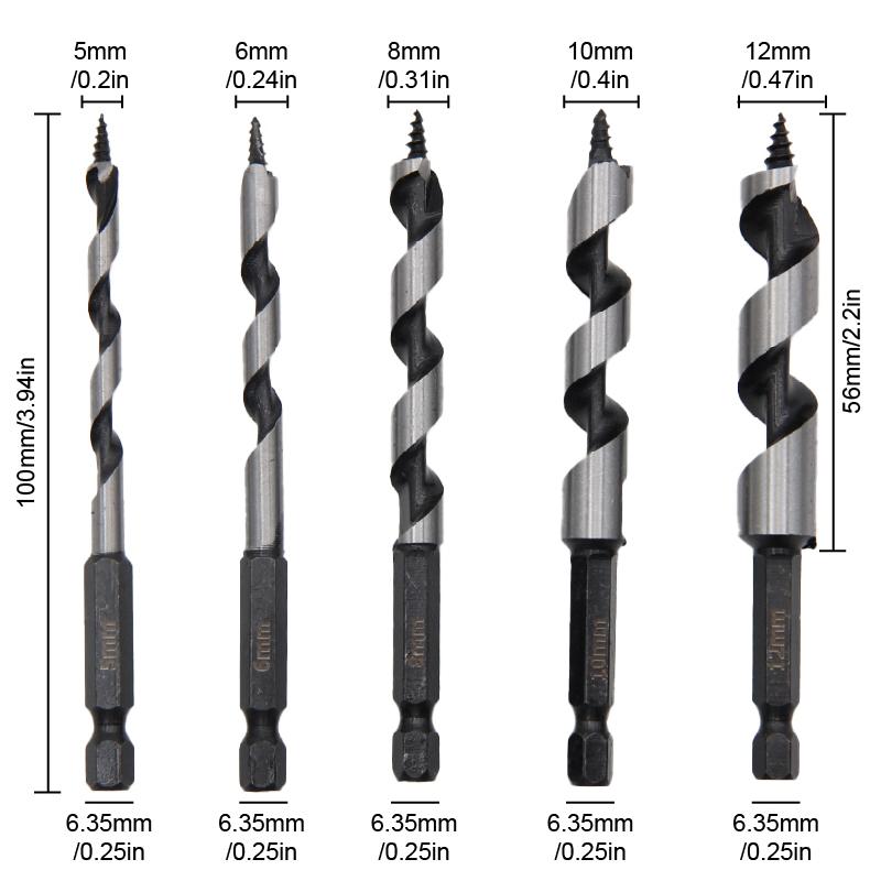 5pc 100mm Carpenter Auger Bits 5-12mm Hexagonal Handle Twist Drill Hand Spiral Reamer Power Tool Accessories Set