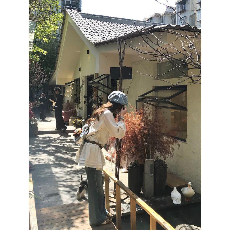 Kumikumi Sweet Style Wooden Ear Lace-up Long Sleeve Shirts Women Clothes Autumn Age-Reducing Chic Loose All-Match Top