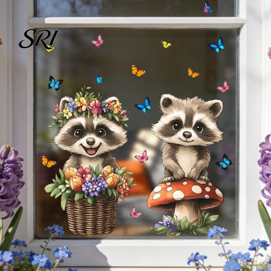 Renters Window Sticker Spring Fox Clings Cartoon Flowers Butterflies Glass Non-glue Decoration Removable Cute Animal Decals for Home Office Shop Decor