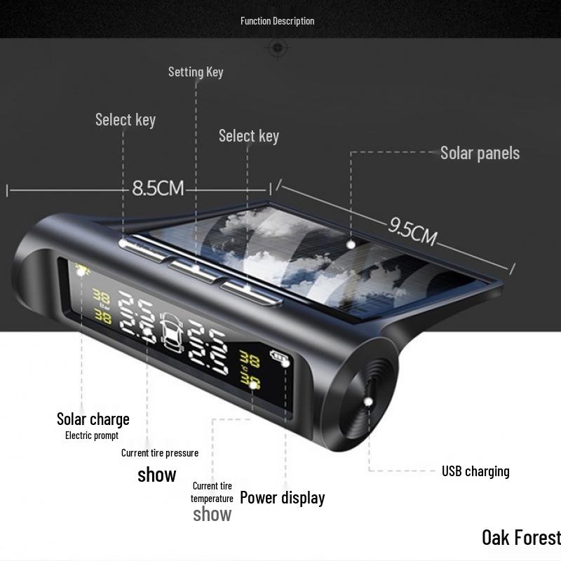 Solar Tire Pressure Monitoring System: Wireless, Car-Mounted, High-Precision, Internal/External, Universal Detection, Leak Prevention.