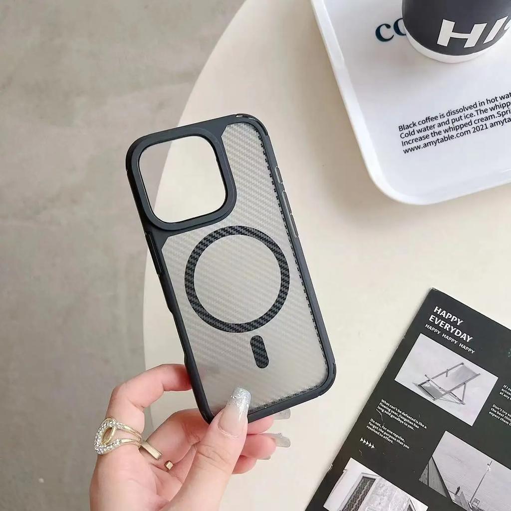 Luxury Carbon Fibre Magnetic Wireless Charging Phone Case for iPhone Samsung Translucent Bumper Cover