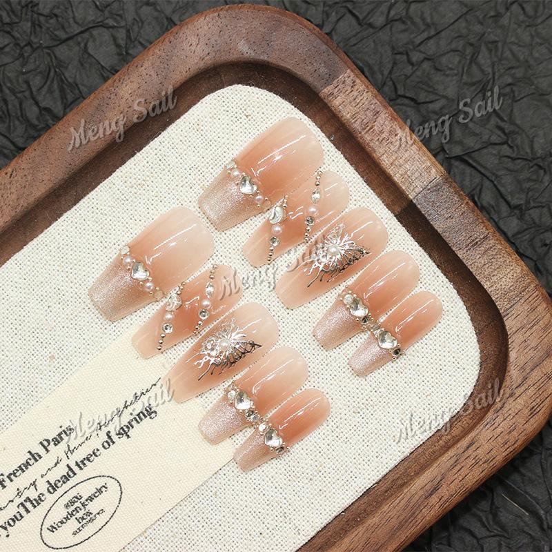 Elegant Pearl Butterfly Gradient Rhinestone Press-On Nails Medium