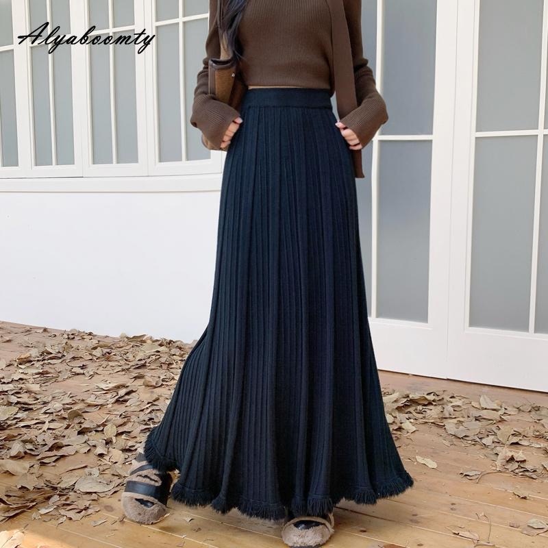 Moda Coreana Otoño Invierno Mujer Falda Maxi Larga Cintura Alta Beige Negro Punto Plisada Falda Tejida Flecos Elegante Femenina Faldas