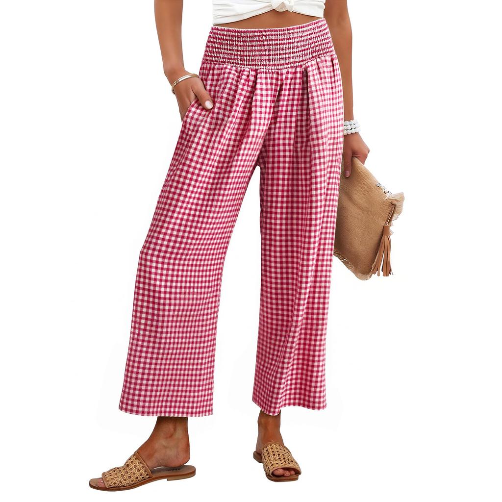 Women's Fashion Loose Pleated Elastic Waist Pocket Checkered Casual /10 Pants