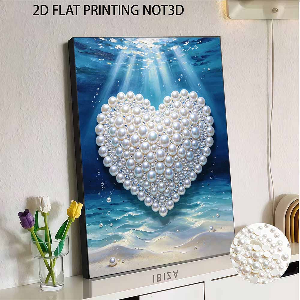 Framed Pearl Painting Kit Ocean Heart Design DIY Bead Canvas Art Ready To Display Romantic Room Decor Gift for Valentine's Day