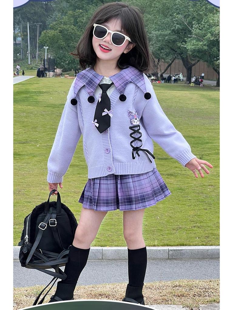 Kuromi School Style Girls' Cosplay Outfit: Sweater, Shirt, Plaid Skirt - Three-Piece Set for Spring/Autumn Performance.