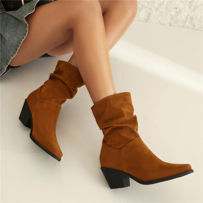 Dámské kotníkové boty hranatá špička silný vysoký podpatek plisované krátké boty stručné dámské módní boty zimní černé khaki hnědé 43