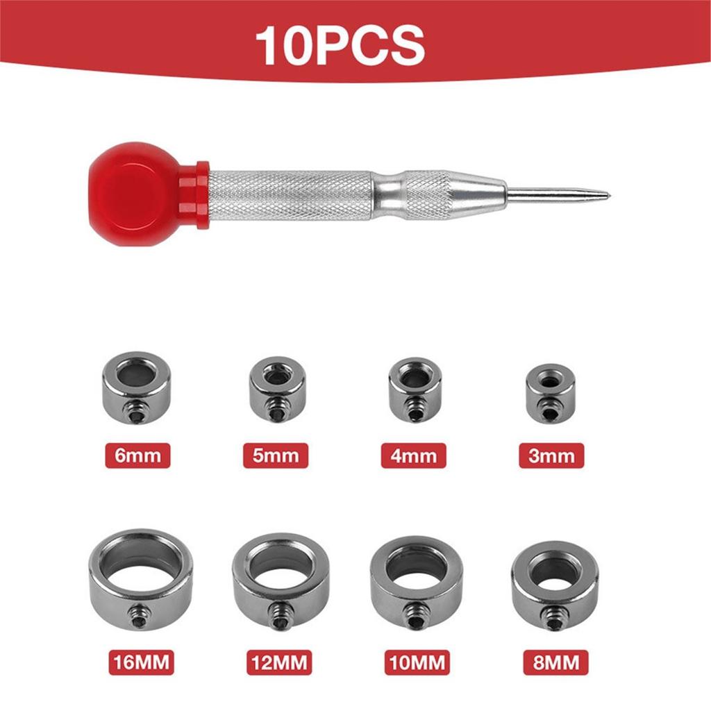 Drill Stop Collar Set Automatic Center Punch Kit Carbon Steel Rings 3/4/5/6/8/10/12/16mm Depth Woodworking Tools Window