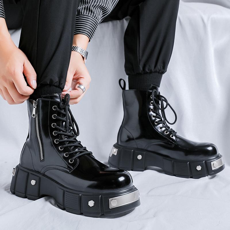 New Long Men's Boots Trendy Designer Style Casual Party and Outdoor Streets Lacquer Leather Shoes Thick Bottom Versatile