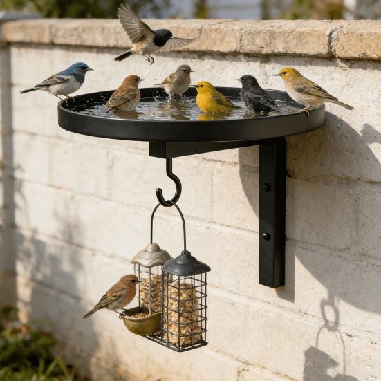 Wall Mounted Bird Bath, Outdoor Bird Bath Tray with Feeder Hook, Metal Bird Bath Tray for Garden Yard Wall Fence Bird Feeder Not Included