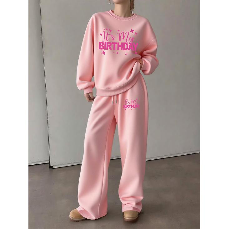 Women's Crewneck Sweatshirt and Drawstring Straight-Leg Pants 2-Piece Set, Birthday Print Casual Lounge Set, Loose & Comfortable Fit