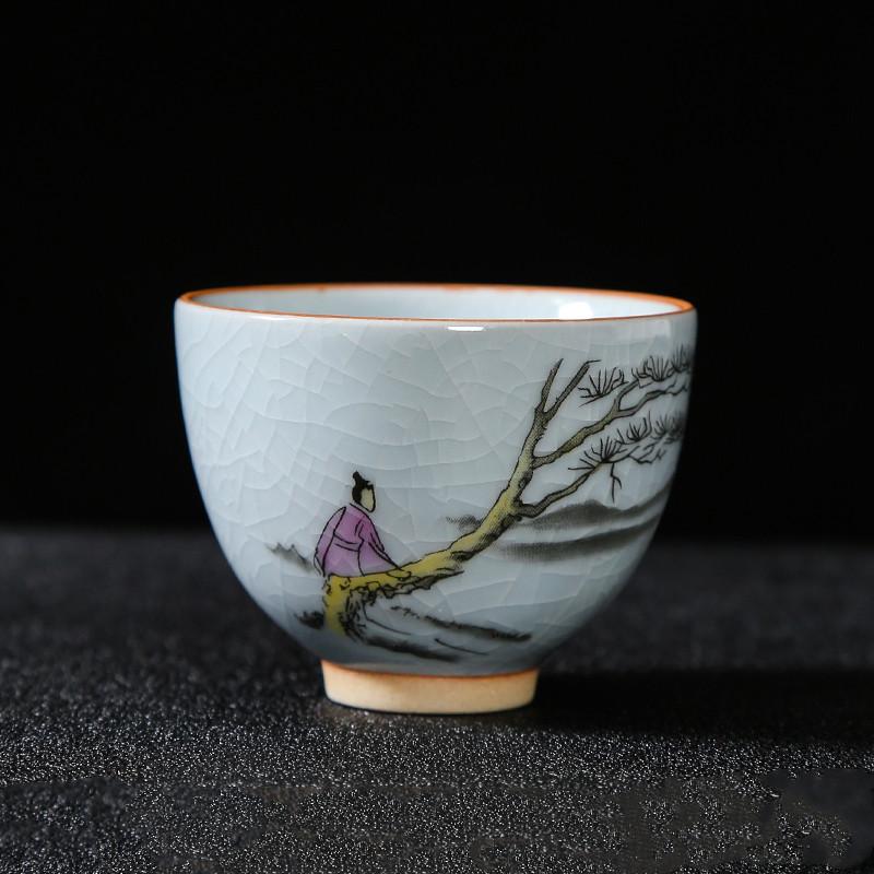 Boutique Ru Kiln Ceramic Teacup Hand Painted Flowers Meditation Cup Travel Tea Bowl Tie Guanyin Pu'er Master Cup Tea set Gifts